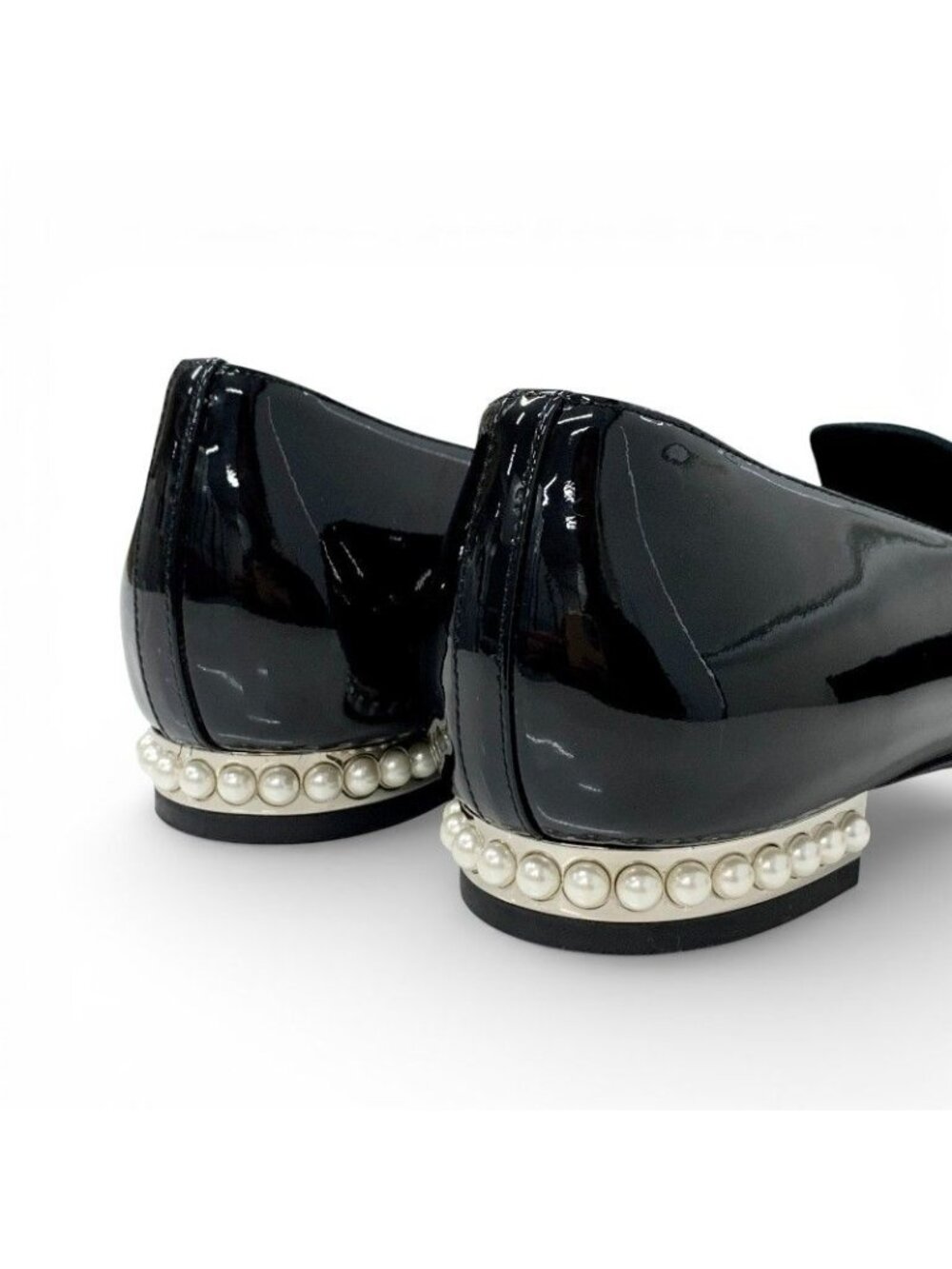 Chanel Loafers Leather Shoes Patent Black Silver CC Logo Pearl Opera Flat - Picture 10 of 10